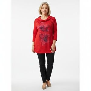 Style& Co Womens Red Cowl Neck Ruched Embellished Floral Top Size 3X Modern Chic